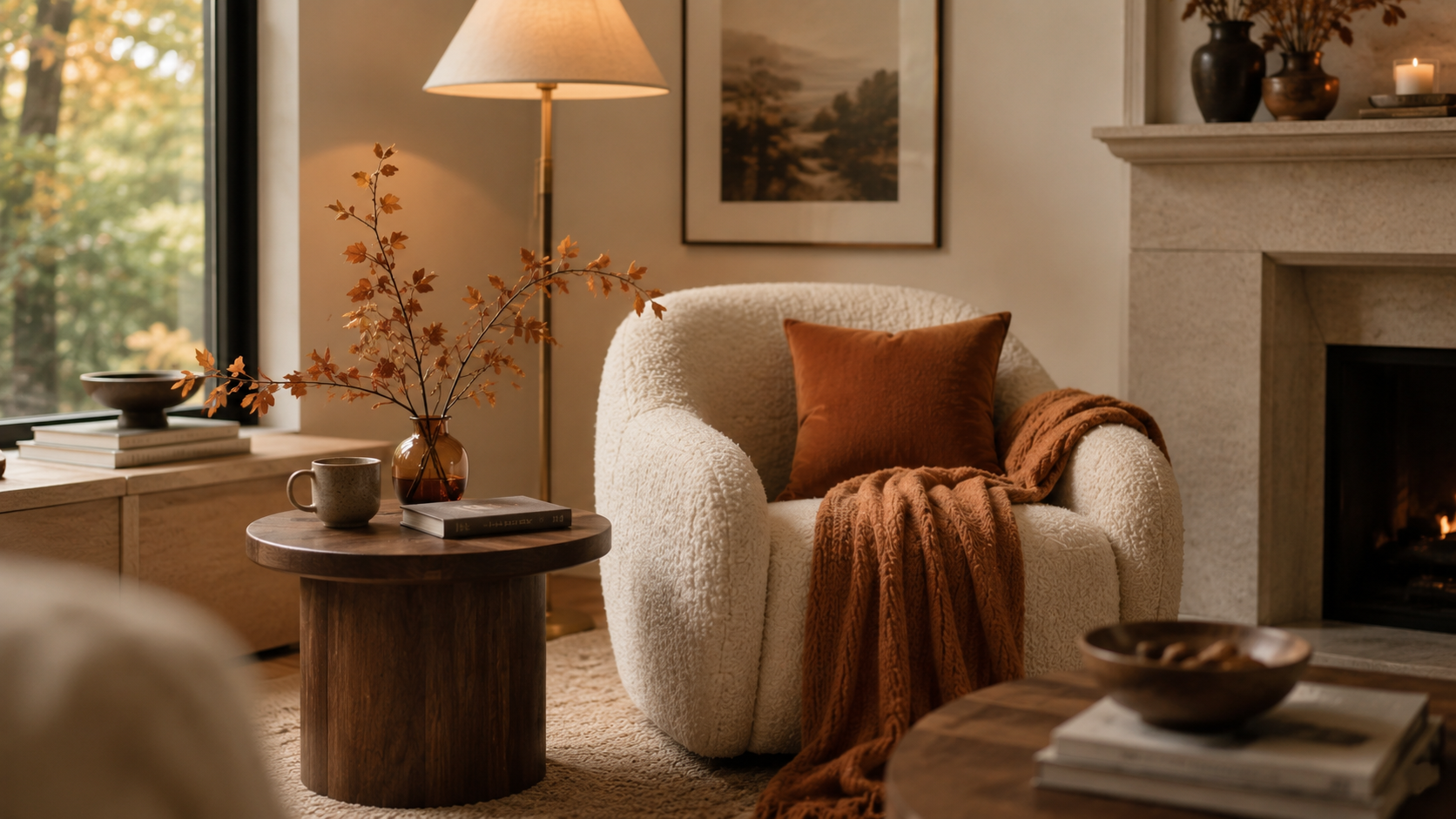 Cozy reading corner with cream boucle chair, walnut side table, persimmon throw and warm floor lamp